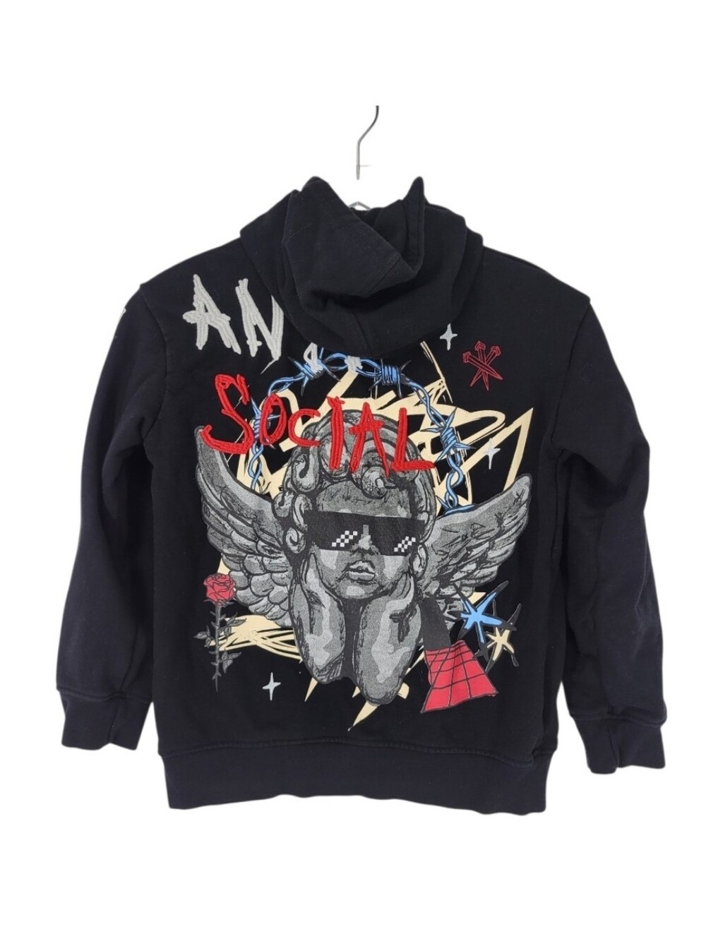 Boys Rare Punk Emo Anti-Social Black 100% Cotton Hoodie Embroidered Size 10-12